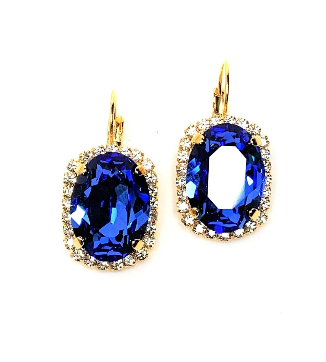 Sapphire Austrian Crystal Earrings | Sparkly Crystal CZ Drops | Oval Gold Earrings