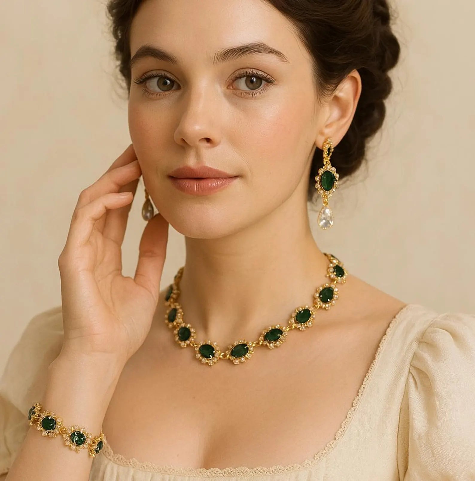 Emerald Regency Style Crystal Flower Jewelry Set | Gold Plated