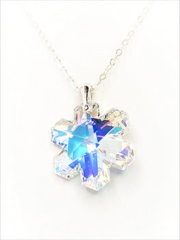 Clear AB Snowflake Austrian Crystal Pendant | 925 Sterling Silverm| Statement Necklace