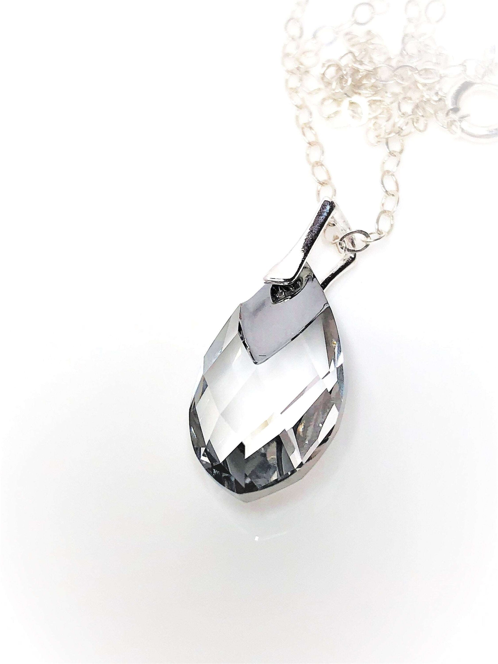 Clear Austrian Crystal Pendant, Light Chrome Necklace, Silver Crystal Teardrop, Crystal Wedding Jewelry, Bridesmaid Gift, Necklaces for Women