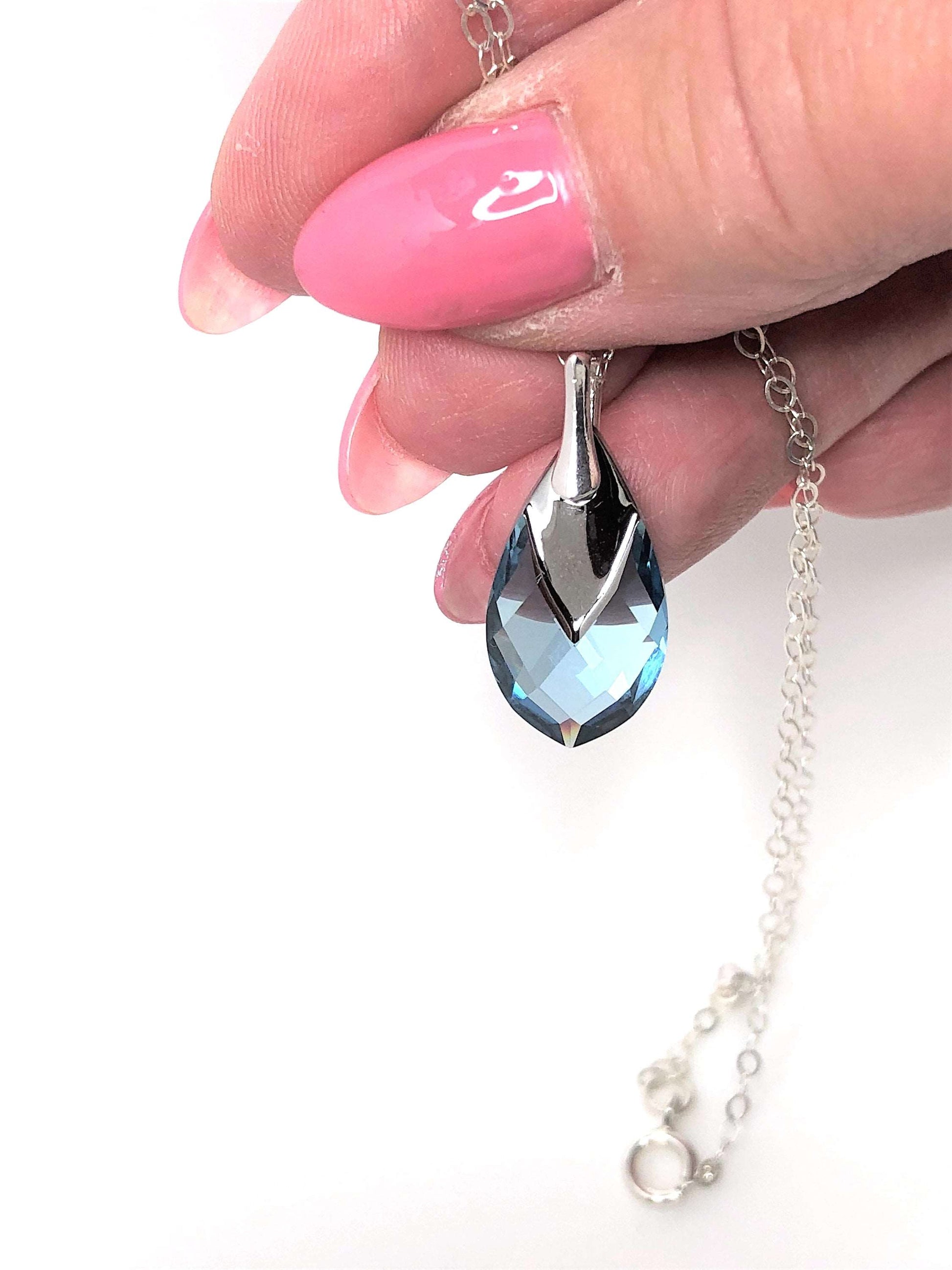Aquamarine Crystal Pendant | Blue Sparkly Necklace | Blue Crystal Teardrop | Necklaces for Women
