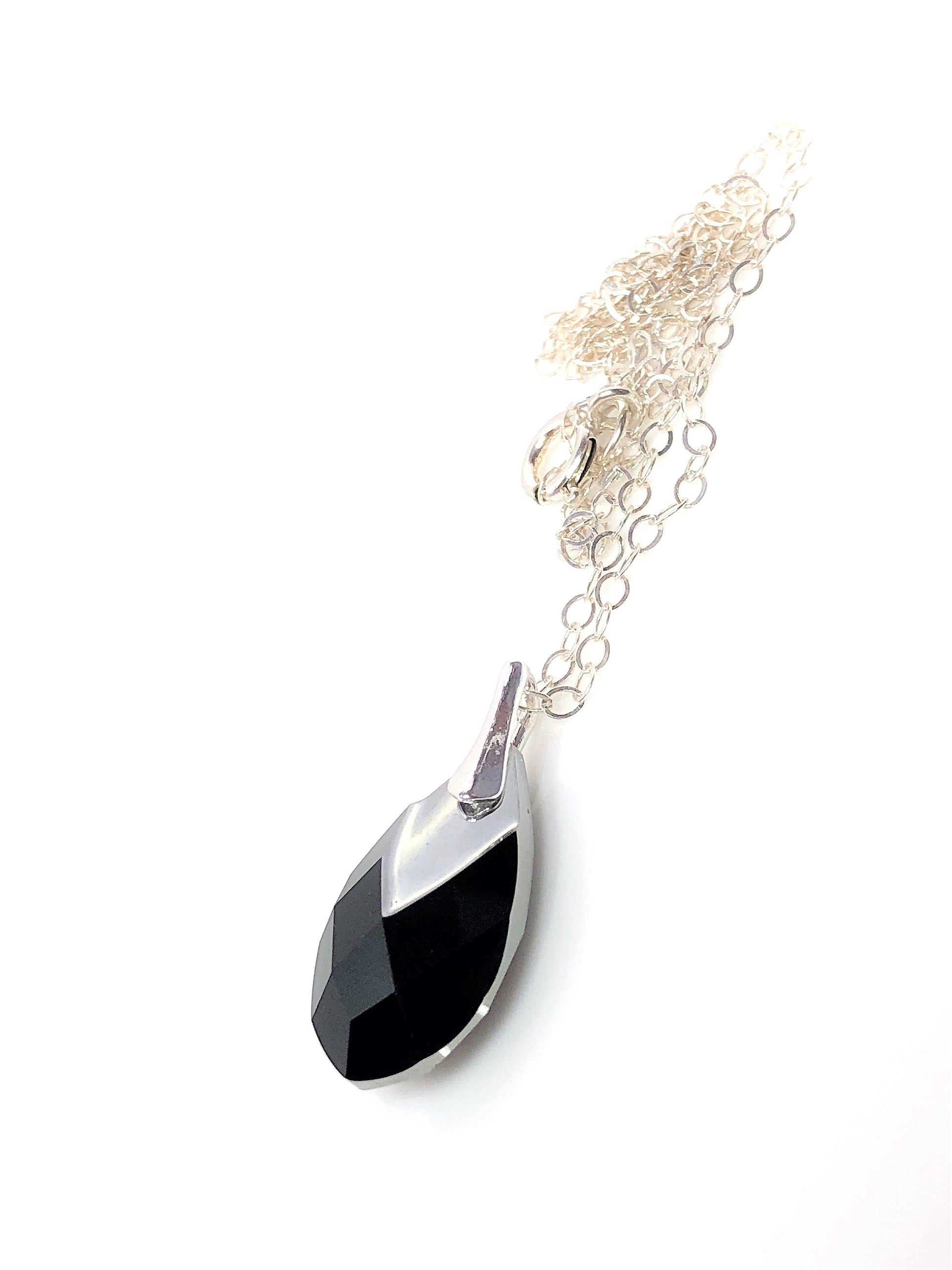 Jet Black Austrian Crystal Pendant | Black Crystal Necklace | Ebony Teardrop Pendant