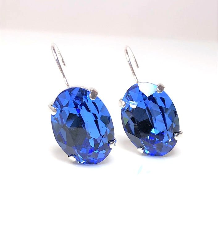 Sapphire Premium Crystal Silver Plated Earrings | Blue Oval Statement Drops