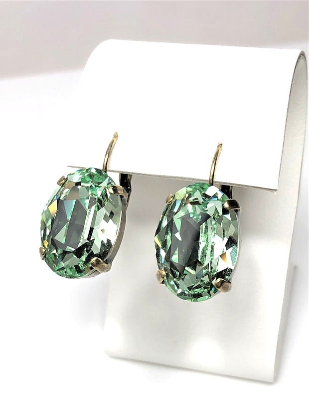 Chrysolite Green Premium Crystal Earrings | Oval Statement Drops | Antique Brass