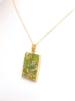 Peridot Green Necklace | Gold Filled Chain | Natural Stone Gift | Rectangle Pendant