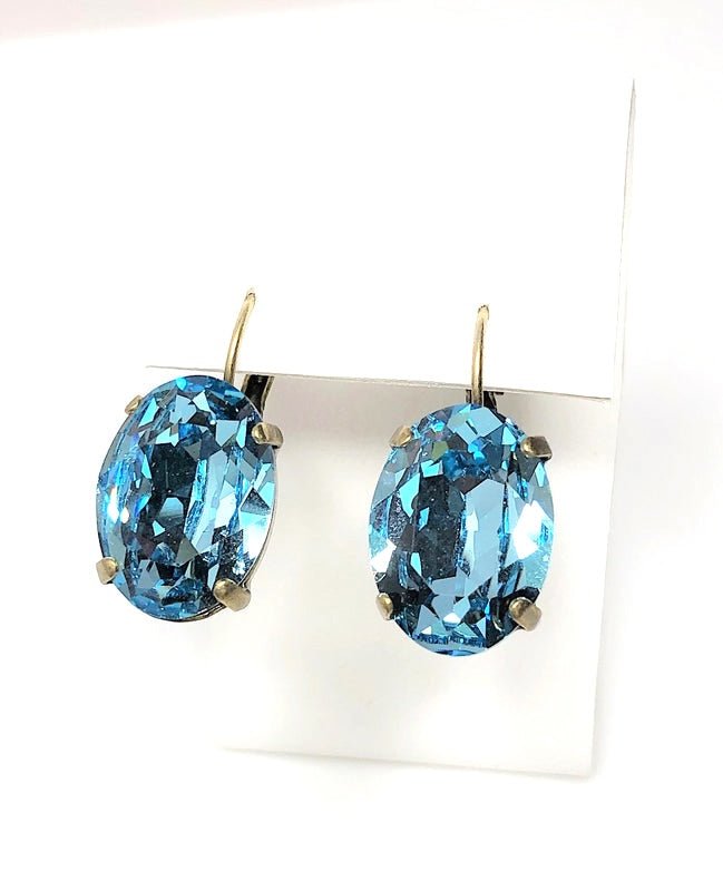Aquamarine Premium Crystal Earrings | Blue Oval Statement Drops | Antique Brass