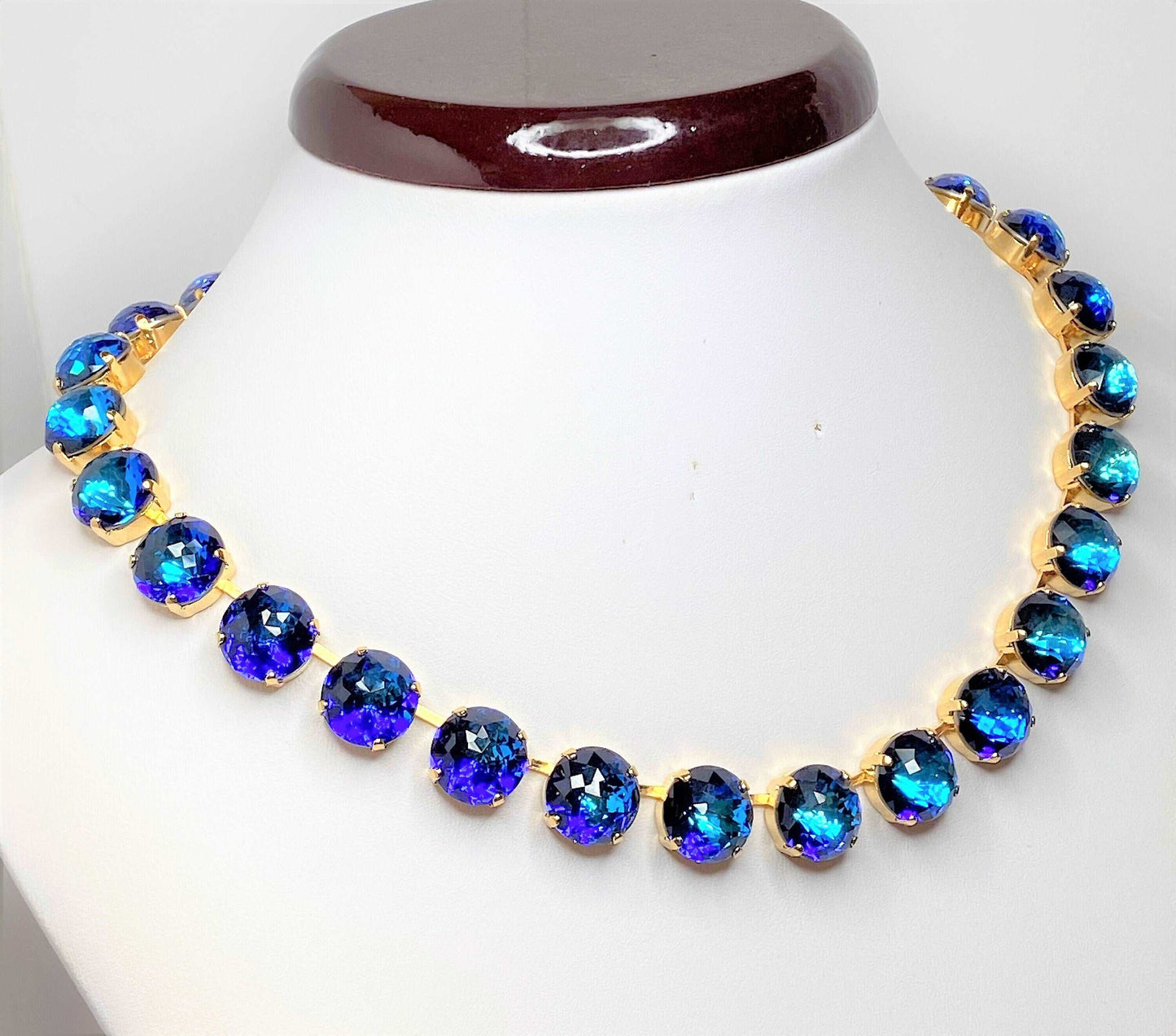 Bermuda Blue Crystal Necklace | Gold Plated | Dome Cut Georgian Collet