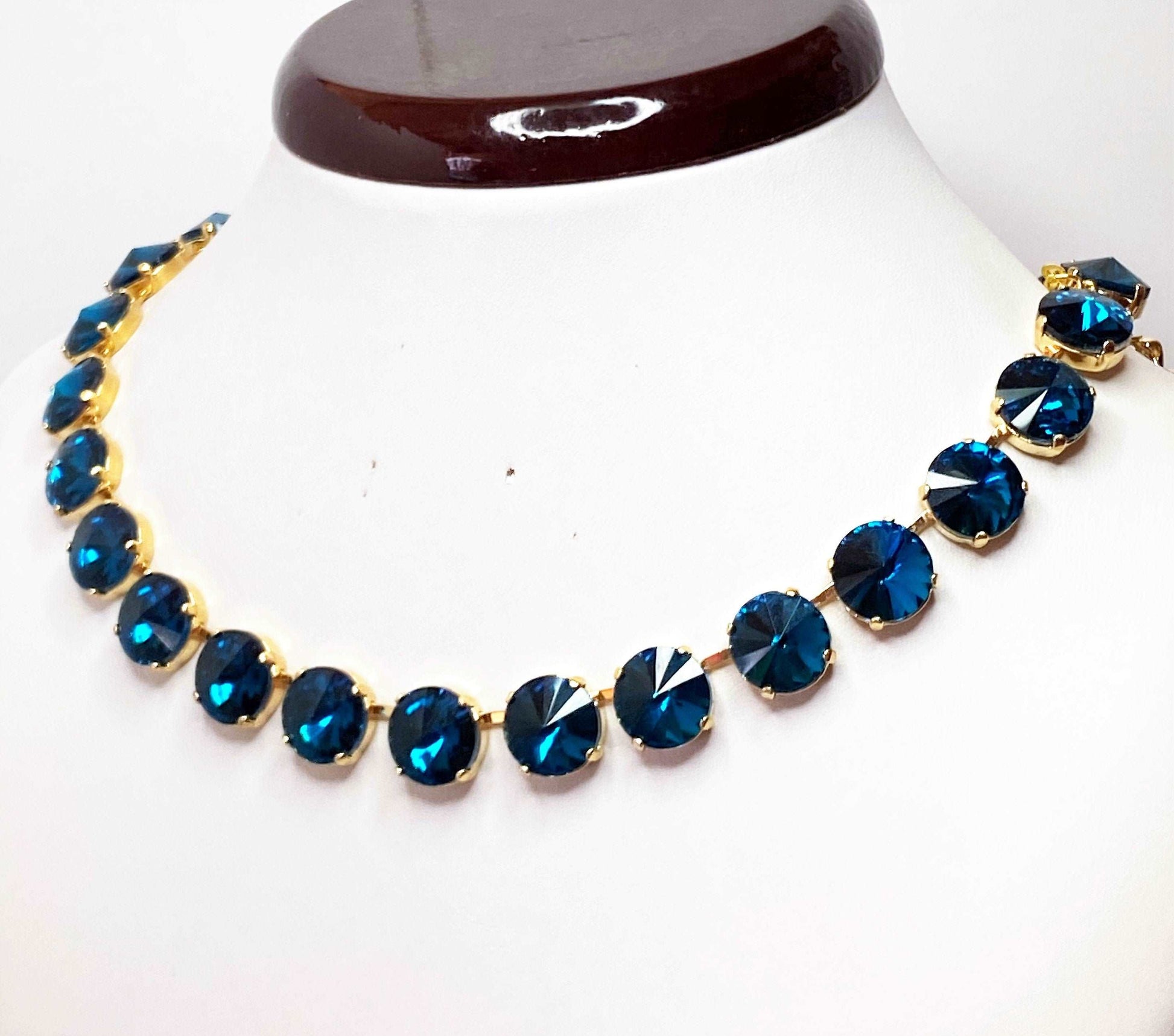 Blue Zircon Georgian Collet Necklace | Purple Rhinestone Choker | Dark Blue Riviere Statement Necklace