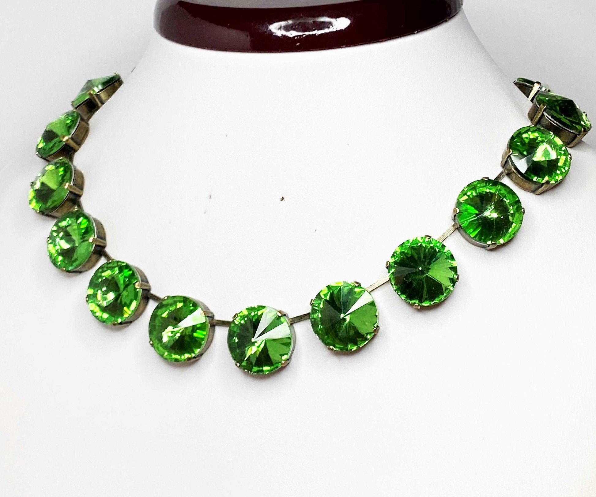 Emerald Peridot Georgian Collet Crystal Necklace, Statement Choker, Vintage Round Chokers