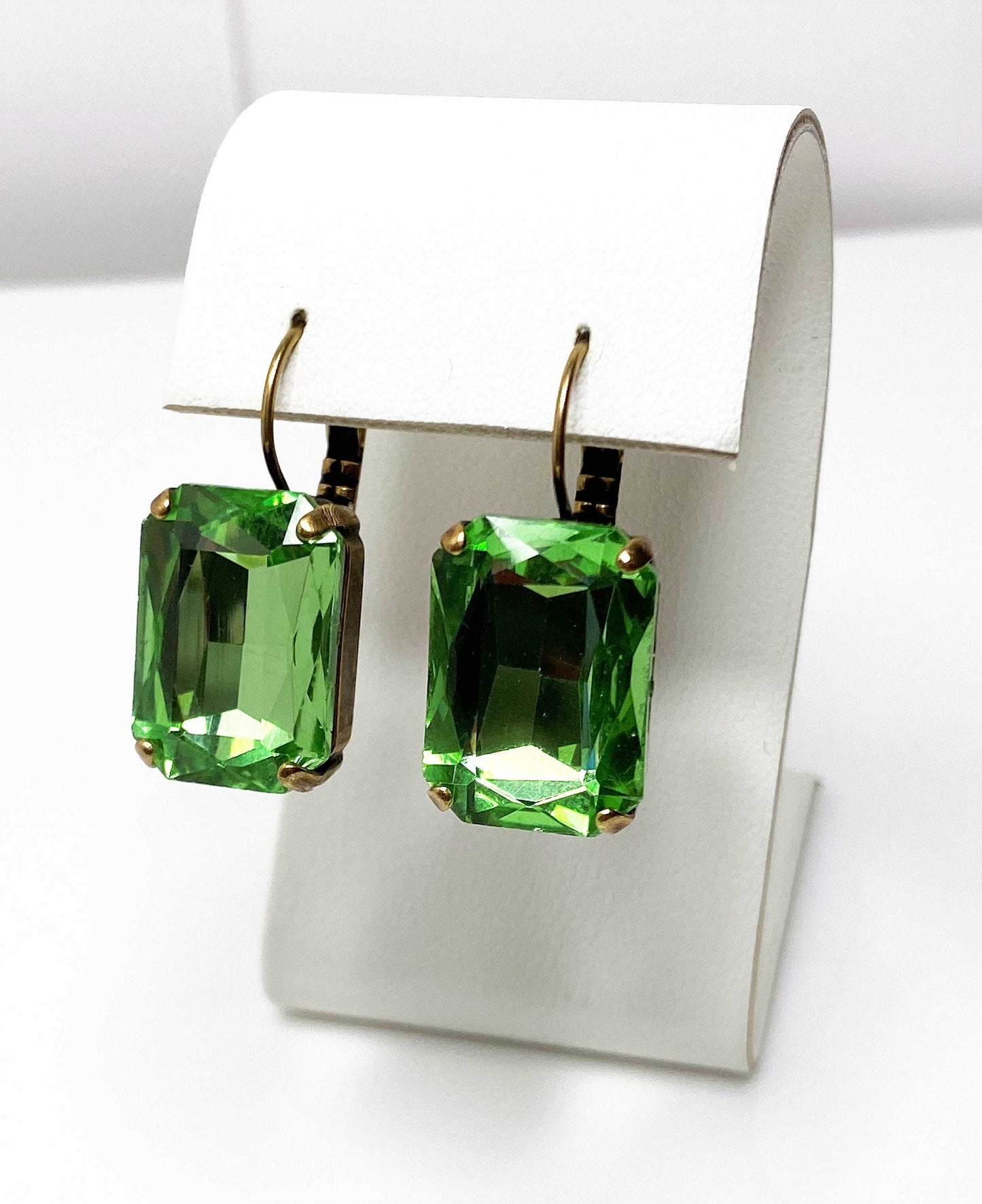 Peridot Crystal Earrings | Green Octagon Statement Drops | Antique Brass 