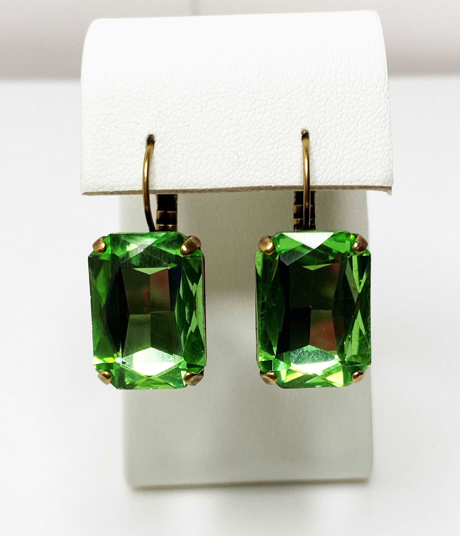 Peridot Crystal Earrings | Green Octagon Statement Drops | Antique Brass