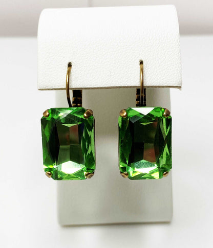 Peridot Crystal Earrings | Green Octagon Statement Drops | Antique Brass