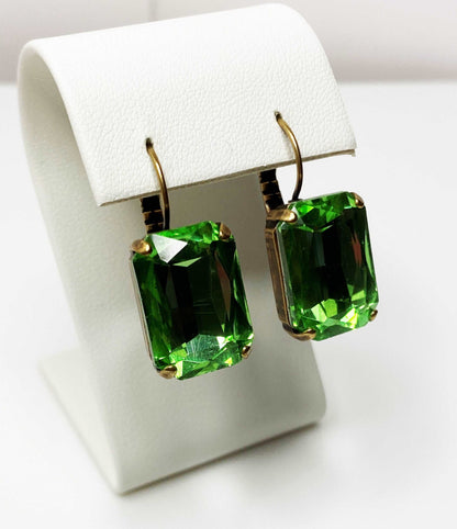 Peridot Crystal Earrings | Green Octagon Statement Drops | Antique Brass