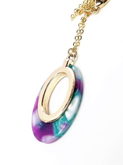 Purple Teal Gold Acrylic Pendant, 14kt Gold Filled, Tortoise Shell Oval Pendant, Women Birthday, Necklaces for Women, Acetate Necklace