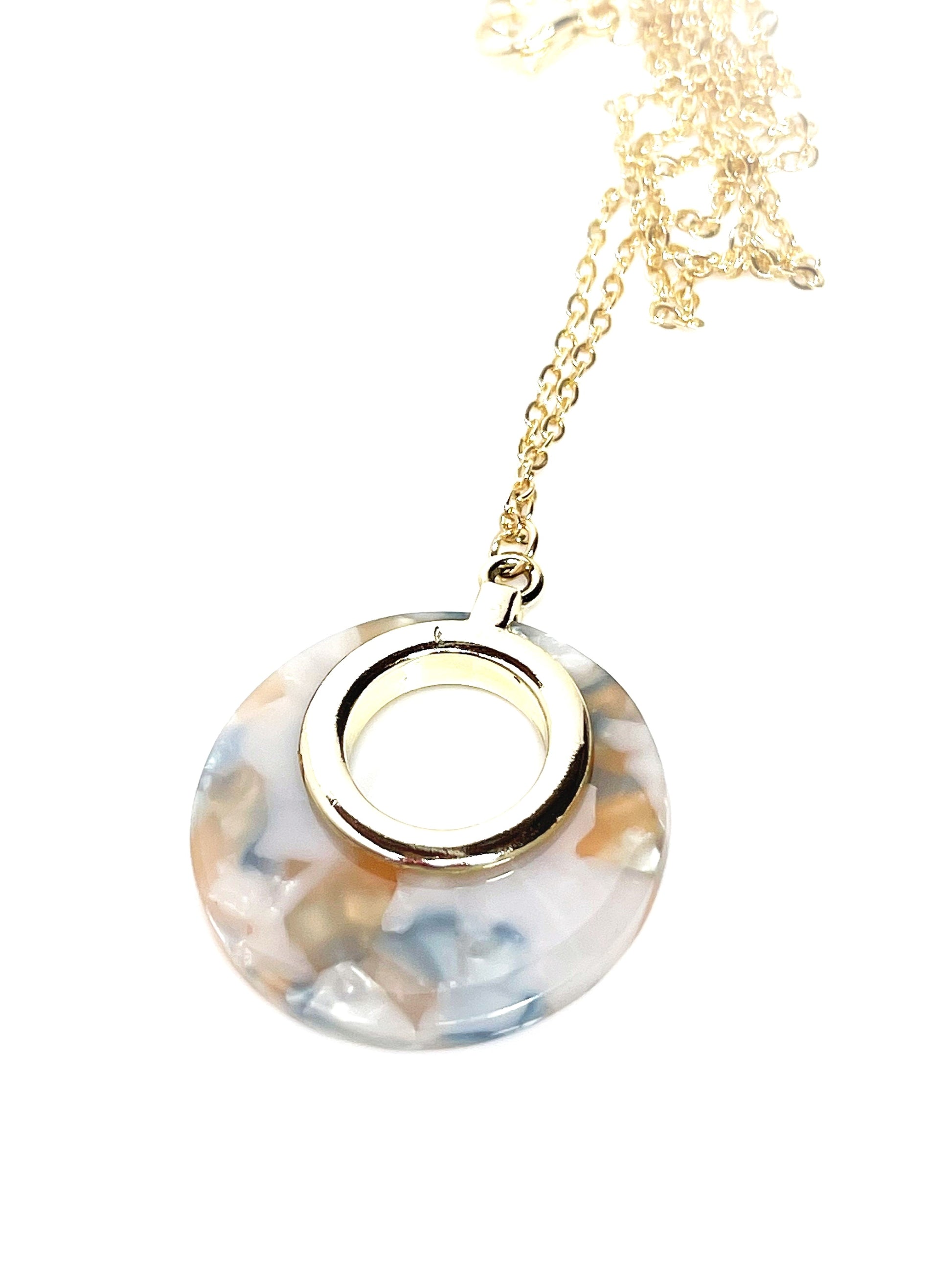 White Orange Gold Acrylic Pendant | 14kt Gold Filled | Tortoise Shell Round Pendant