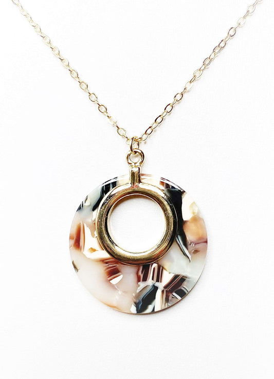 Brown Cream Gold Acrylic Pendant, 14kt Gold Filled, Tortoise Shell Circle Pendant, Women Birthday, Necklaces for Women, Acetate Necklace