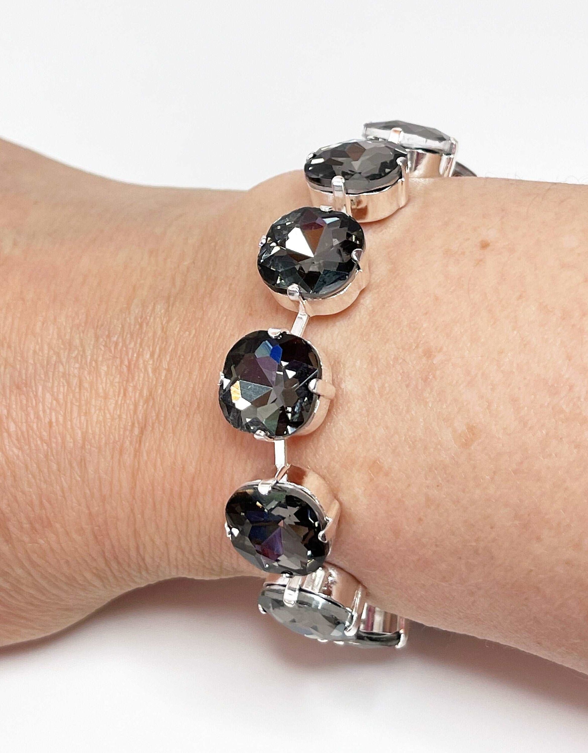 Silver Night Crystal Bracelet | Cushion Cut, Black Tennis Bracelet | Georgian Statement Bracelet