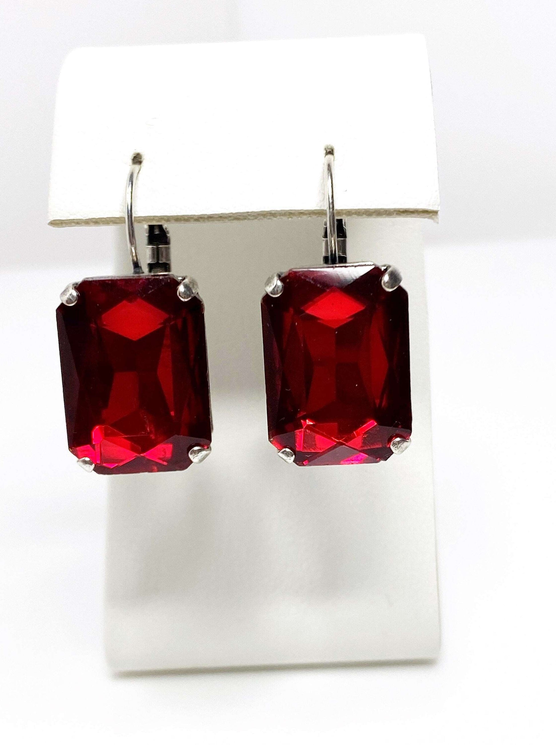 Dark Red Crystal Earrings | Red Octagon Rhinestone Drops | Antique Silver