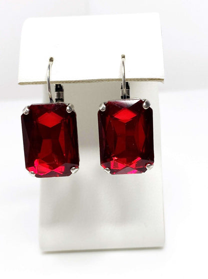 Dark Red Crystal Earrings | Red Octagon Rhinestone Drops | Antique Silver