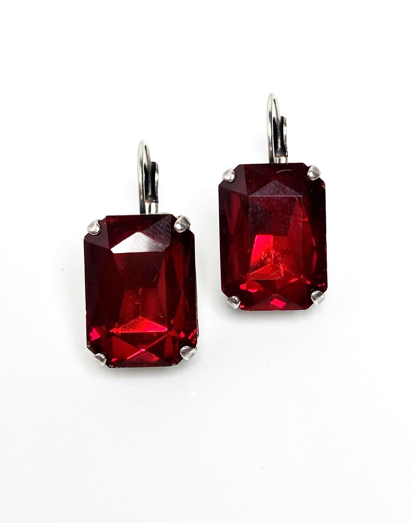Dark Red Crystal Earrings | Red Octagon Rhinestone Drops | Antique Silver