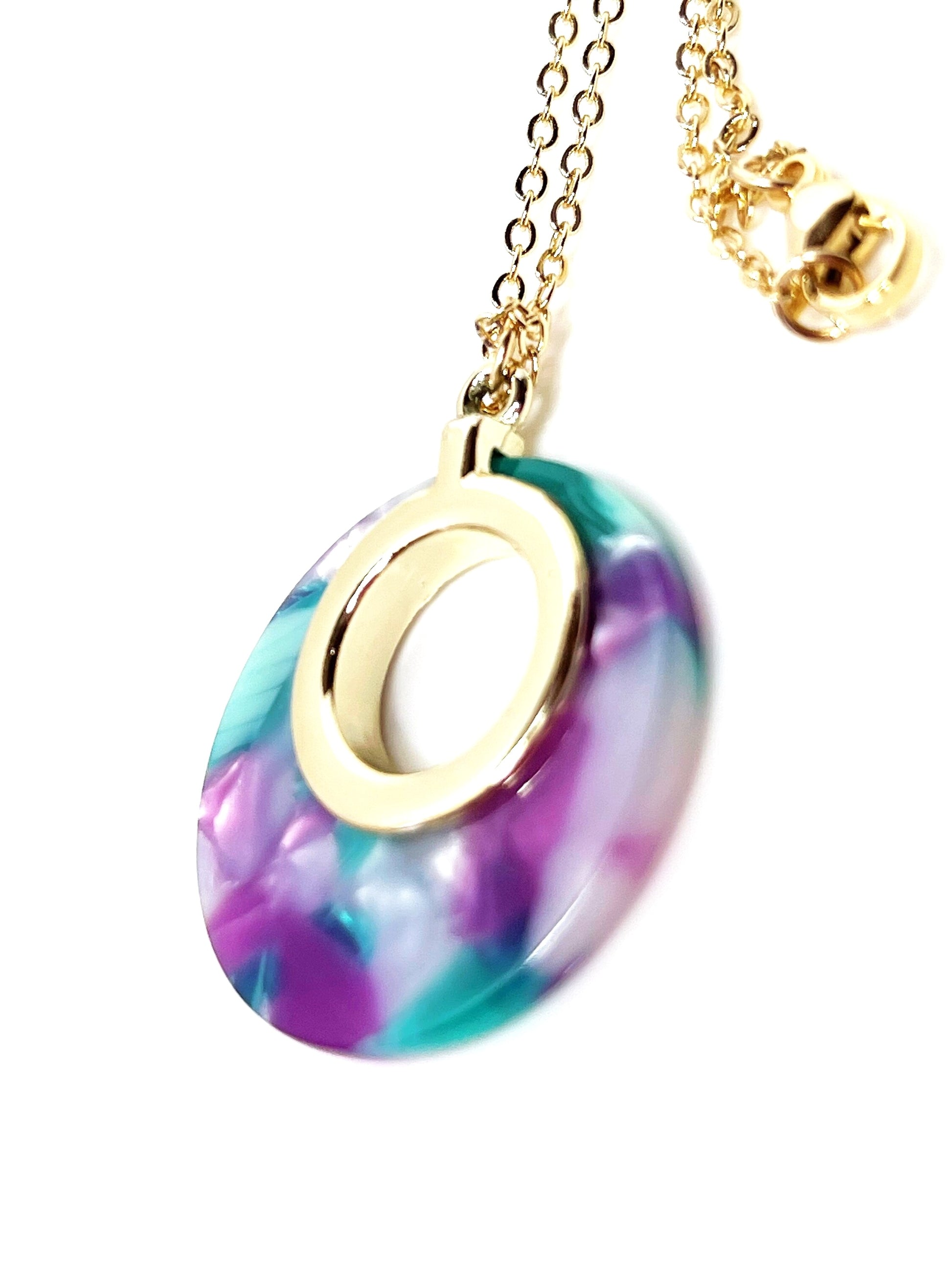 Purple Teal Gold Acrylic Pendant | 14kt Gold Filled | Tortoise Shell Round Pendant