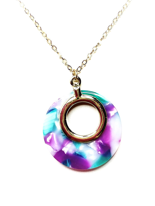 Purple Teal Gold Acrylic Pendant | 14kt Gold Filled | Tortoise Shell Round Pendant