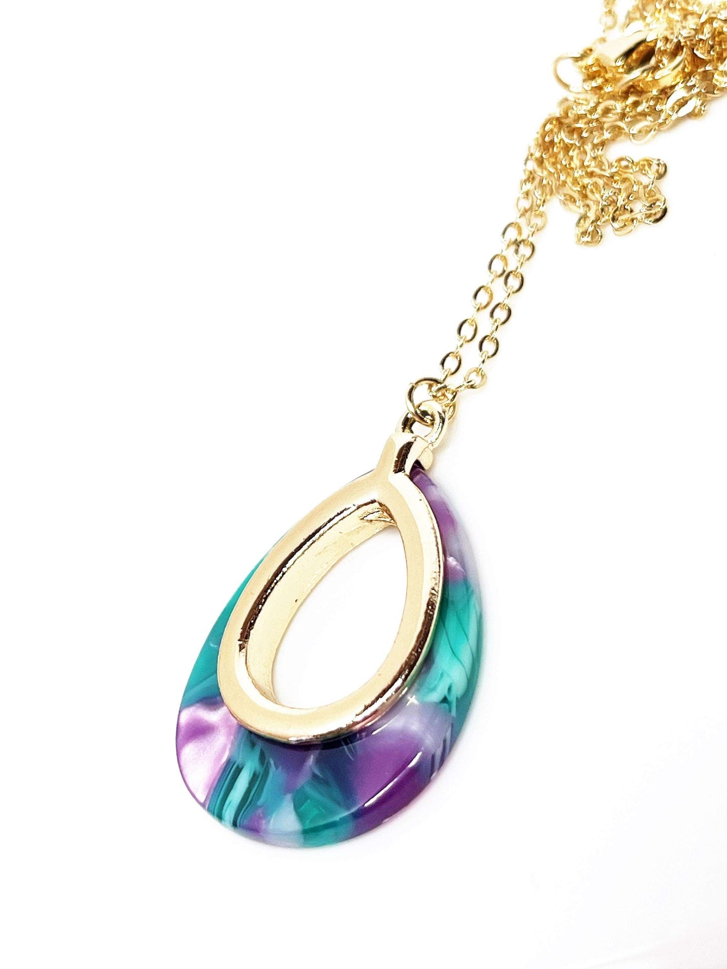 Purple Teal Gold Acrylic Pendant, 14kt Gold Filled, Tortoise Shell Teardrop Pendant, Women Gift, Necklaces for Women, Multi-colour Pendant