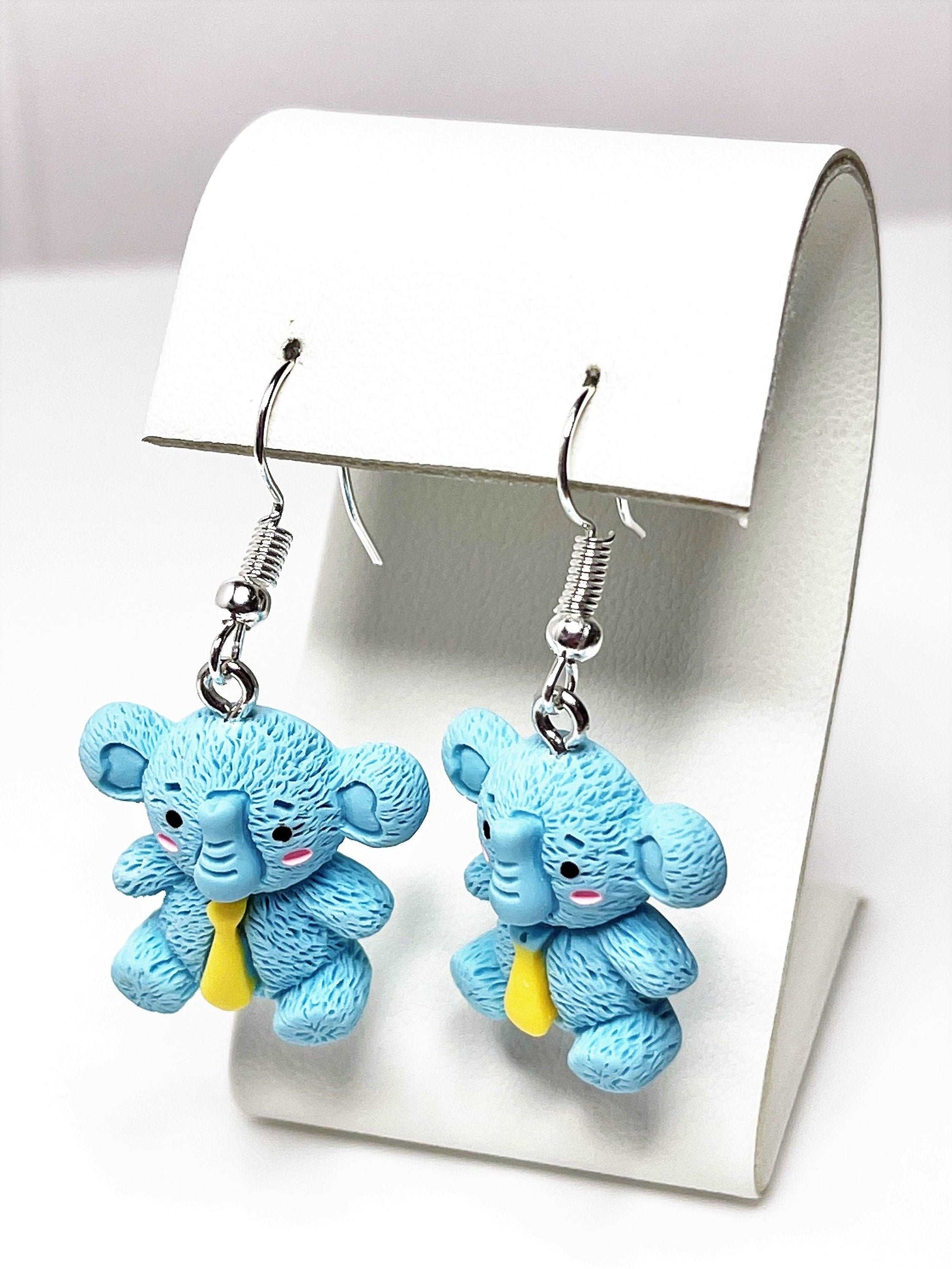 Cute Blue Elephant Earrings, Silver Plated, Sterling Silver, Animal Earrings, Funky Drops, Earrings for Women, Elephant Lovers, Quirky Drops