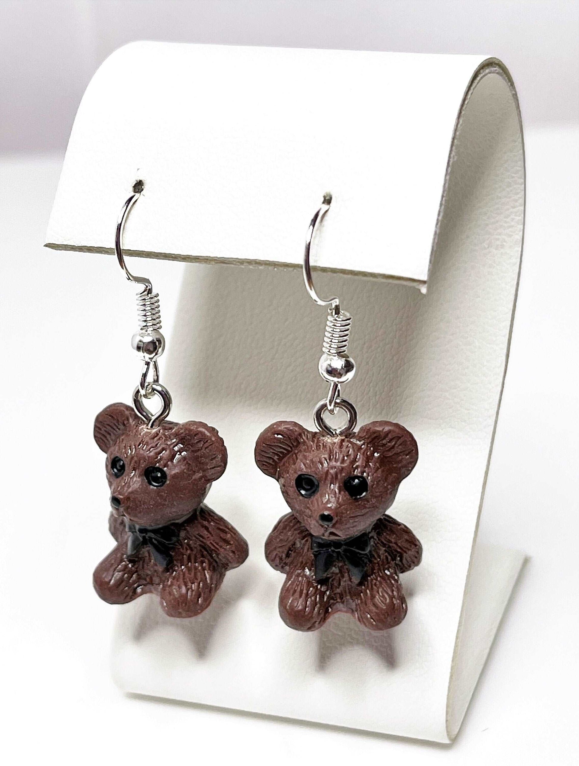 Cute Teddy Bear Earrings, Silver Plated, Sterling Silver, Brown Novelty Bear Earrings, Earrings for Women, Retro Teddy Lovers, Quirky Drops