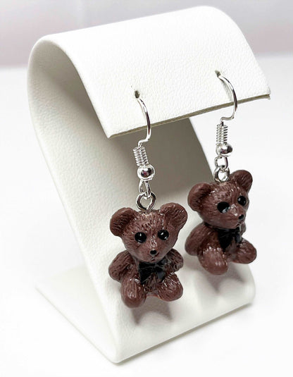 Cute Teddy Bear Earrings, Silver Plated, Sterling Silver, Brown Novelty Bear Earrings, Earrings for Women, Retro Teddy Lovers, Quirky Drops