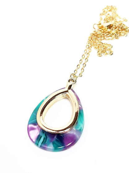 Purple Teal Gold Acrylic Pendant, 14kt Gold Filled, Tortoise Shell Teardrop Pendant, Women Gift, Necklaces for Women, Multi-colour Pendant