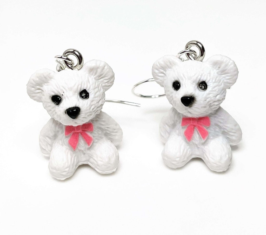 Cute Teddy Bear Earrings, Silver Plated, Sterling Silver, White Novelty Bear Earrings, Earrings for Women, Retro Teddy Lovers, Quirky Drops