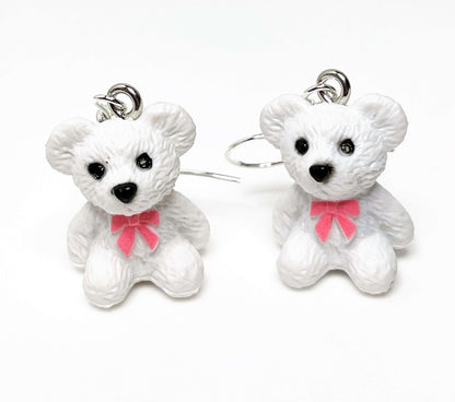 Cute Teddy Bear Earrings, Silver Plated, Sterling Silver, White Novelty Bear Earrings, Earrings for Women, Retro Teddy Lovers, Quirky Drops