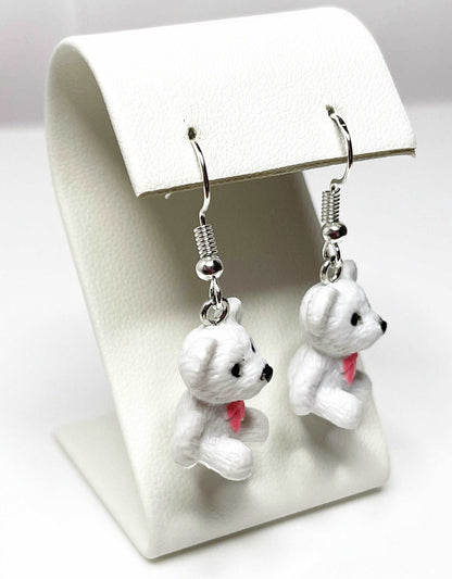 Cute Teddy Bear Earrings, Silver Plated, Sterling Silver, White Novelty Bear Earrings, Earrings for Women, Retro Teddy Lovers, Quirky Drops