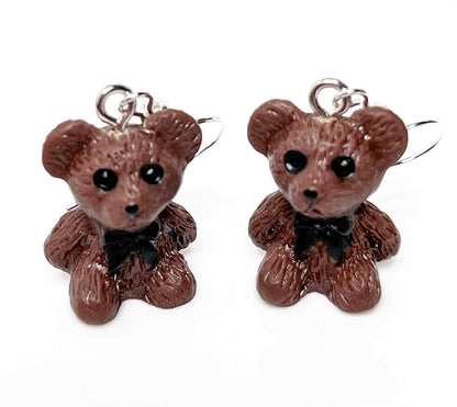 Cute Teddy Bear Earrings, Silver Plated, Sterling Silver, Brown Novelty Bear Earrings, Earrings for Women, Retro Teddy Lovers, Quirky Drops