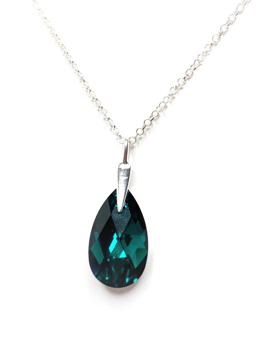 Emerald Austrian Crystal Sterling Silver Pendant | Green Teardrop Necklace