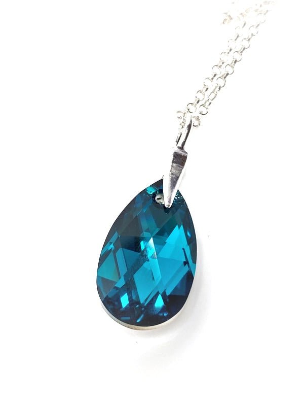 Blue Zircon Teardrop Austrian Crystal Pendant | 925 Sterling Silver