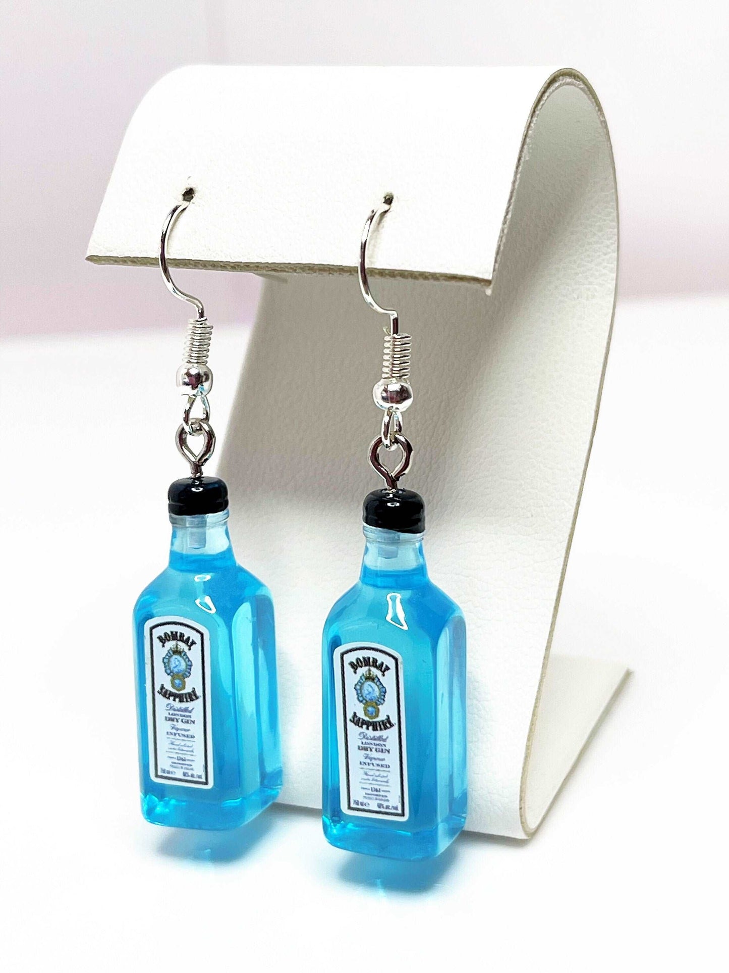 Blue Gin Bottle Earrings, Silver Plated, Sterling Silver, Quirky Earrings, Funky Drops, Unisex Earrings, Fun Drink Dangles