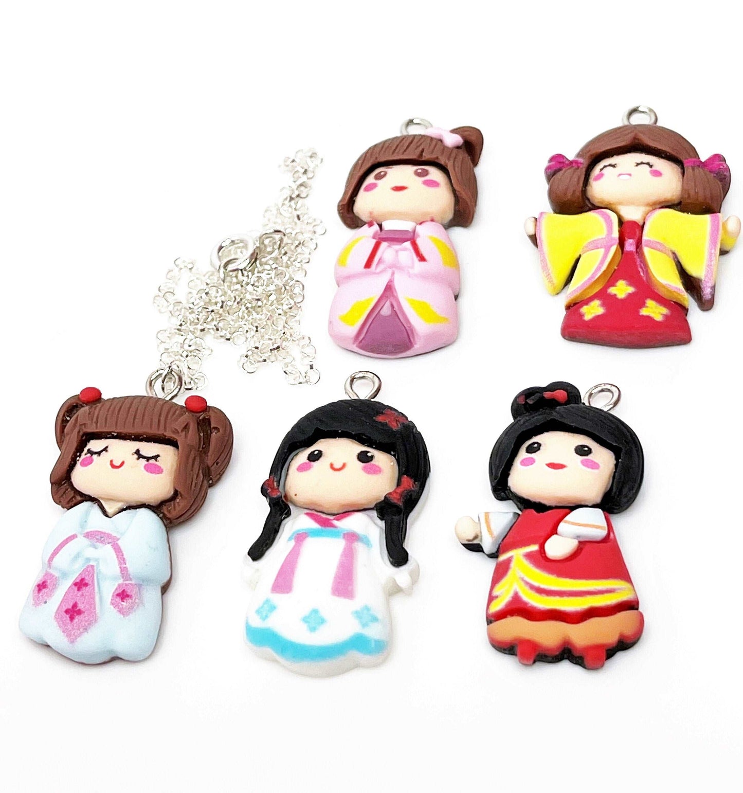 Kawaii Chinese Doll Pendant, Silver Plated, Sterling Silver, Hanfu Charm Necklace, Funky Resin Pendants, Necklaces for Women, Fun Jewellery