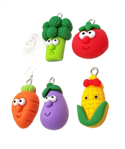 Funny Face Vegetable Pendant, Silver Plated, Sterling Silver, Kawaii Charm Necklace, Funky Resin Pendant, Necklaces for Women, Fun Jewelry