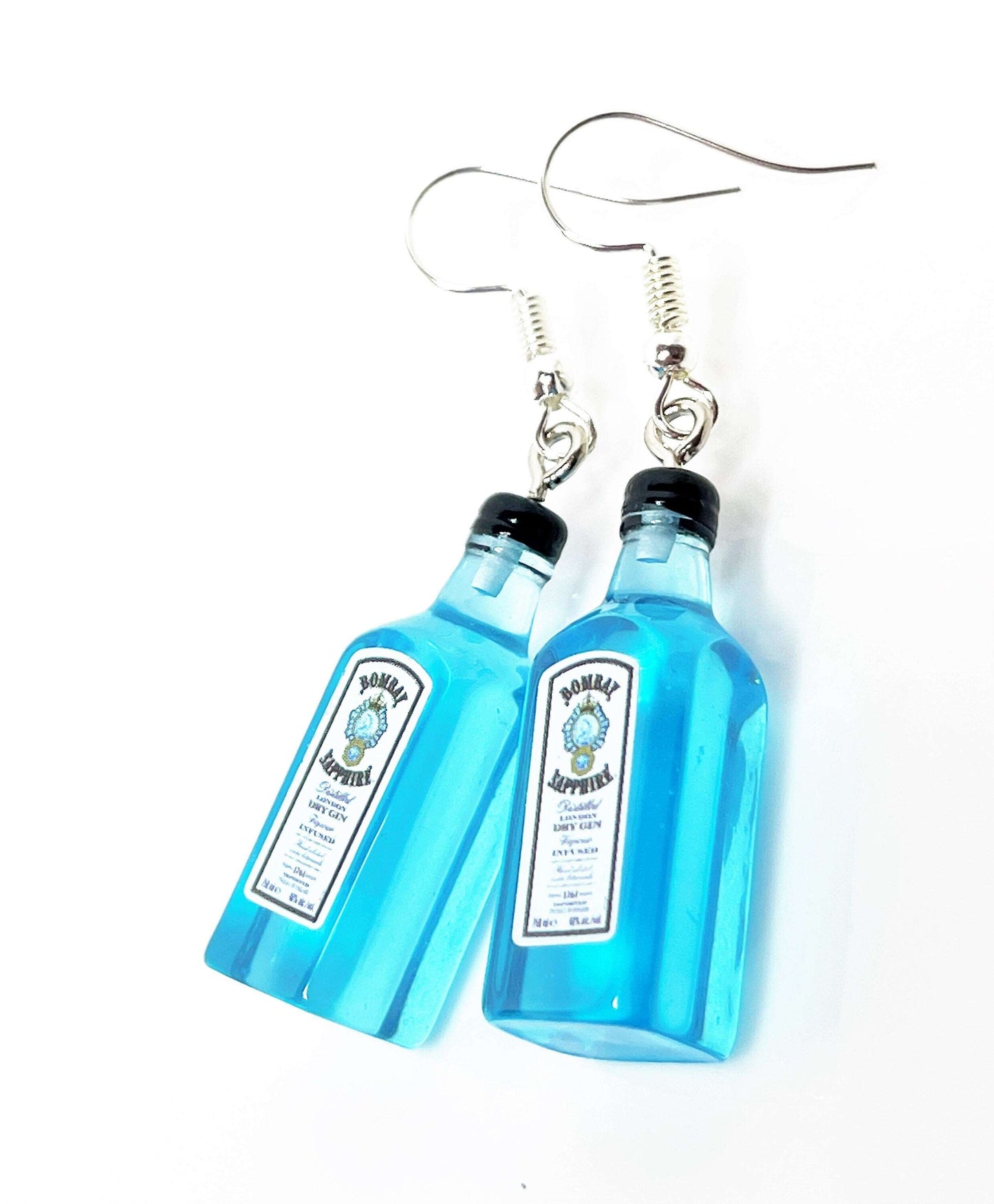 Blue Gin Bottle Earrings, Silver Plated, Sterling Silver, Quirky Earrings, Funky Drops, Unisex Earrings, Fun Drink Dangles