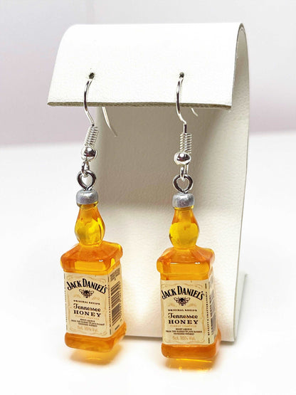 Honey Whiskey Bottle Earrings, Silver Plated, Sterling Silver, Quirky Earrings, Funky Drops, Unisex Earrings, Fun Drink Dangles