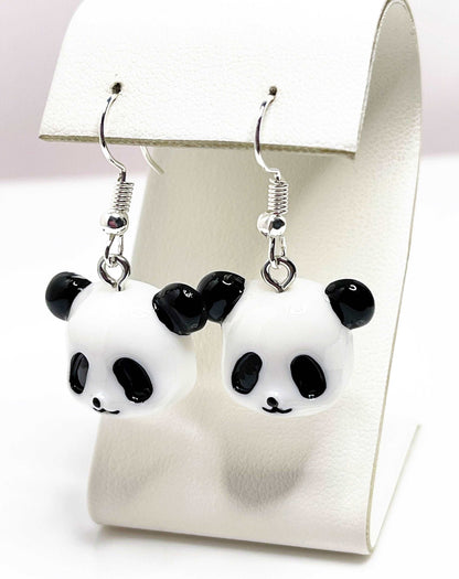 Cute Panda Face Earrings, Silver Plated, Sterling Silver, Black and White Panda Earrings, Earrings for Women, Panda Lovers, Novelty Drops