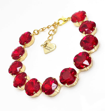 Deep Red Crystal Gold Bracelet | Cushion Cut Tennis Bracelet | Georgian Statement Bracelet