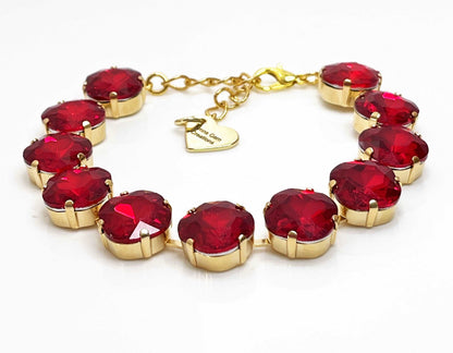 Deep Red Crystal Gold Bracelet | Cushion Cut Tennis Bracelet | Georgian Statement Bracelet