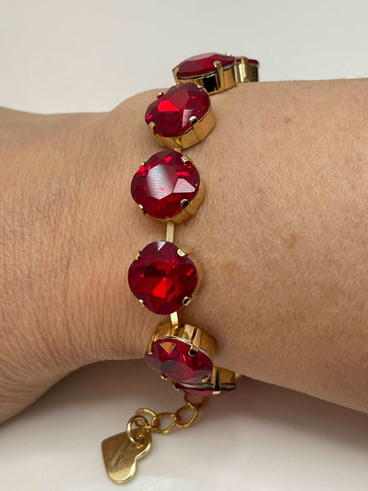 Deep Red Crystal Gold Bracelet | Cushion Cut Tennis Bracelet | Georgian Statement Bracelet