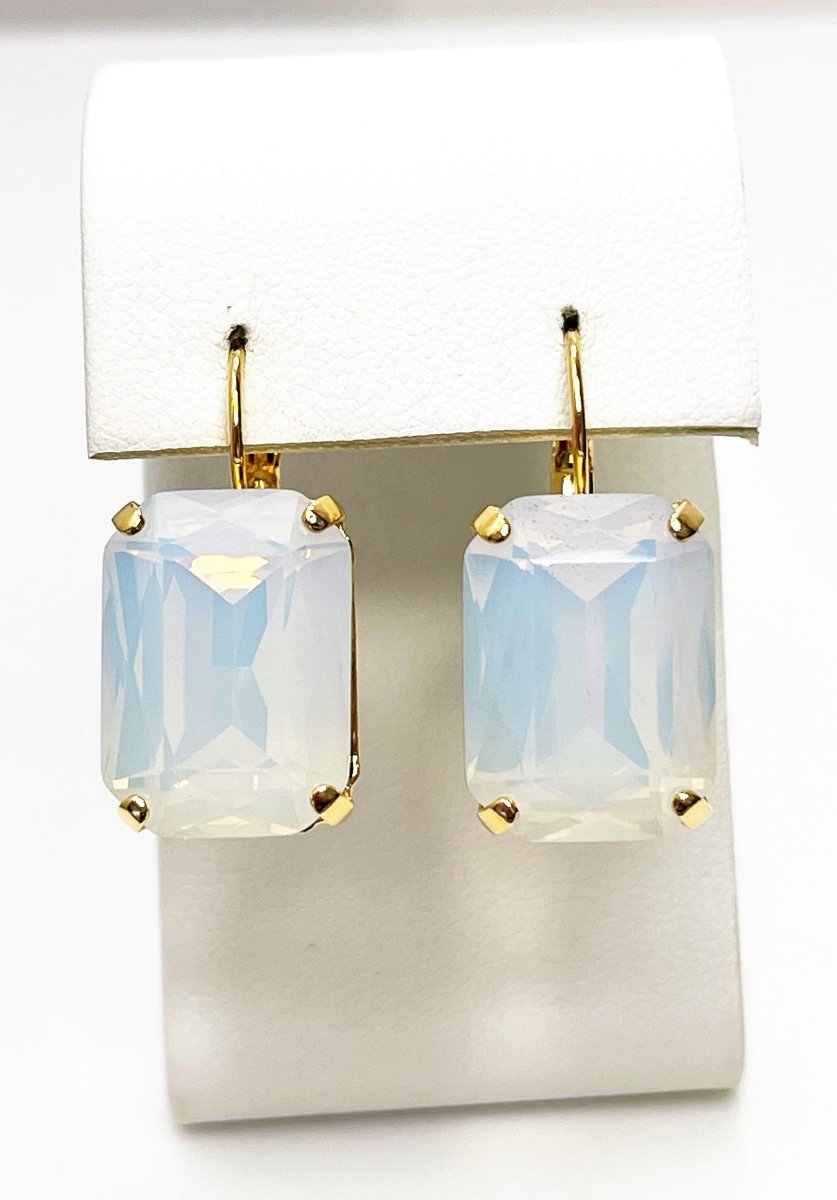 White Opal Crystal Gold Plated Earrings | White Octagon Dangles