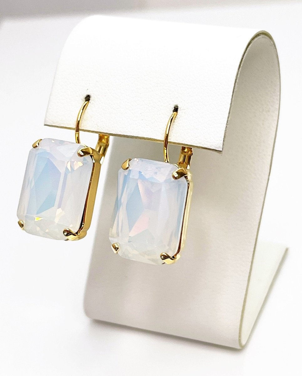 White Opal Crystal Gold Plated Earrings | White Octagon Dangles