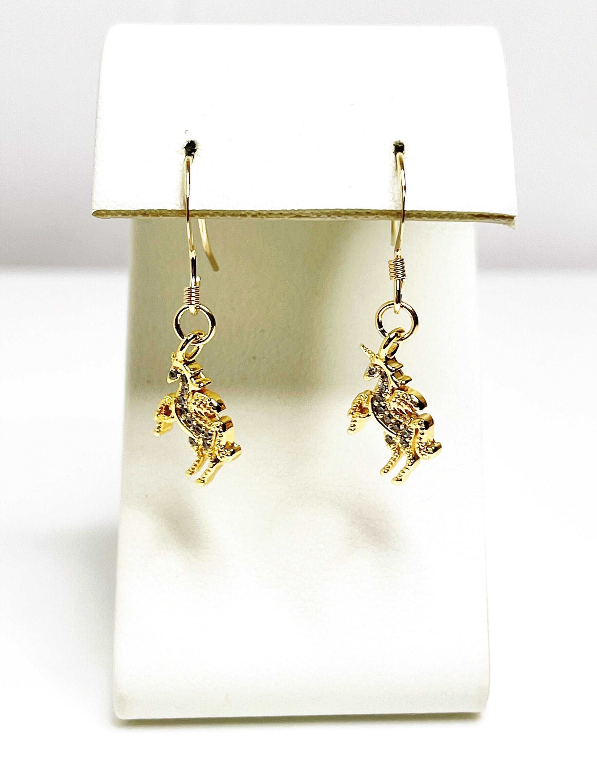 Gold Unicorn Crystal Earrings | Dainty 14kt Gold Filled Drops | Fantasy Lovers Jewelry