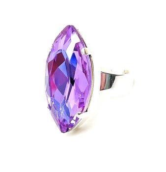 Violet Crystal Ring, Large Purple Statement Ring, Silver Plated, Georgian Collet, Vintage Style, Rings For Women, Violet Navette